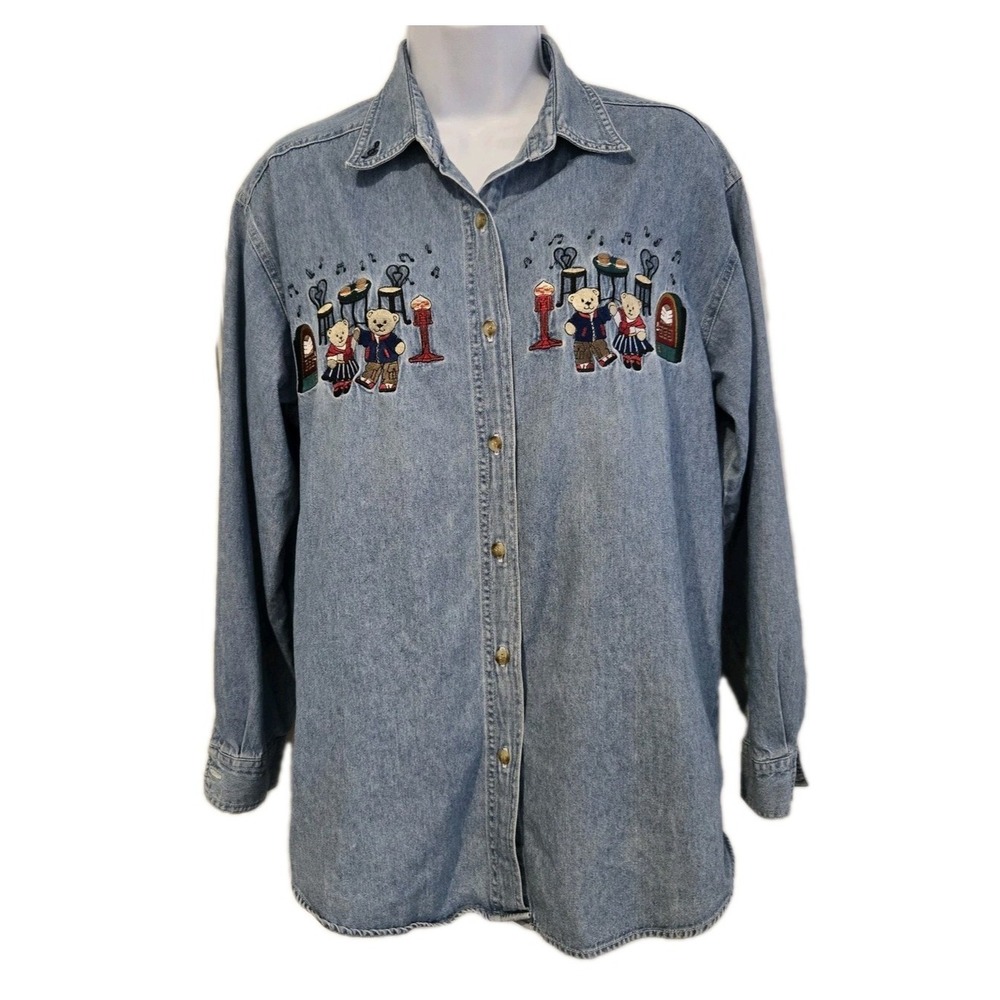 Quizz Again Women's‎ long Sleeve Denim Button Up Shirt Dancing Bears Music Small